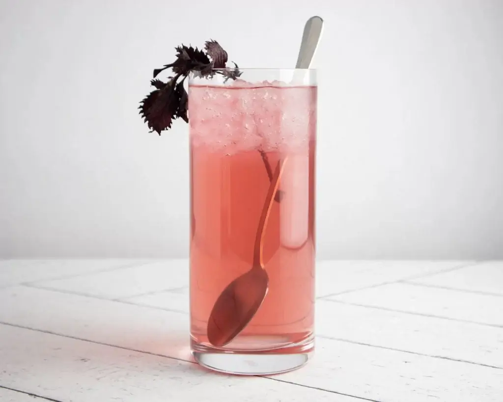 glass of shiso juice with red perilla leaf garnish