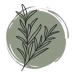 a sprig of rosemary on an olive circular swirl