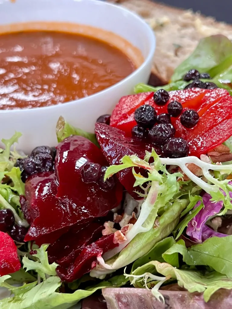 tomato soup with beet side salad