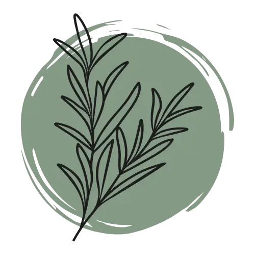 rosemary sprig on top of a olive green circle